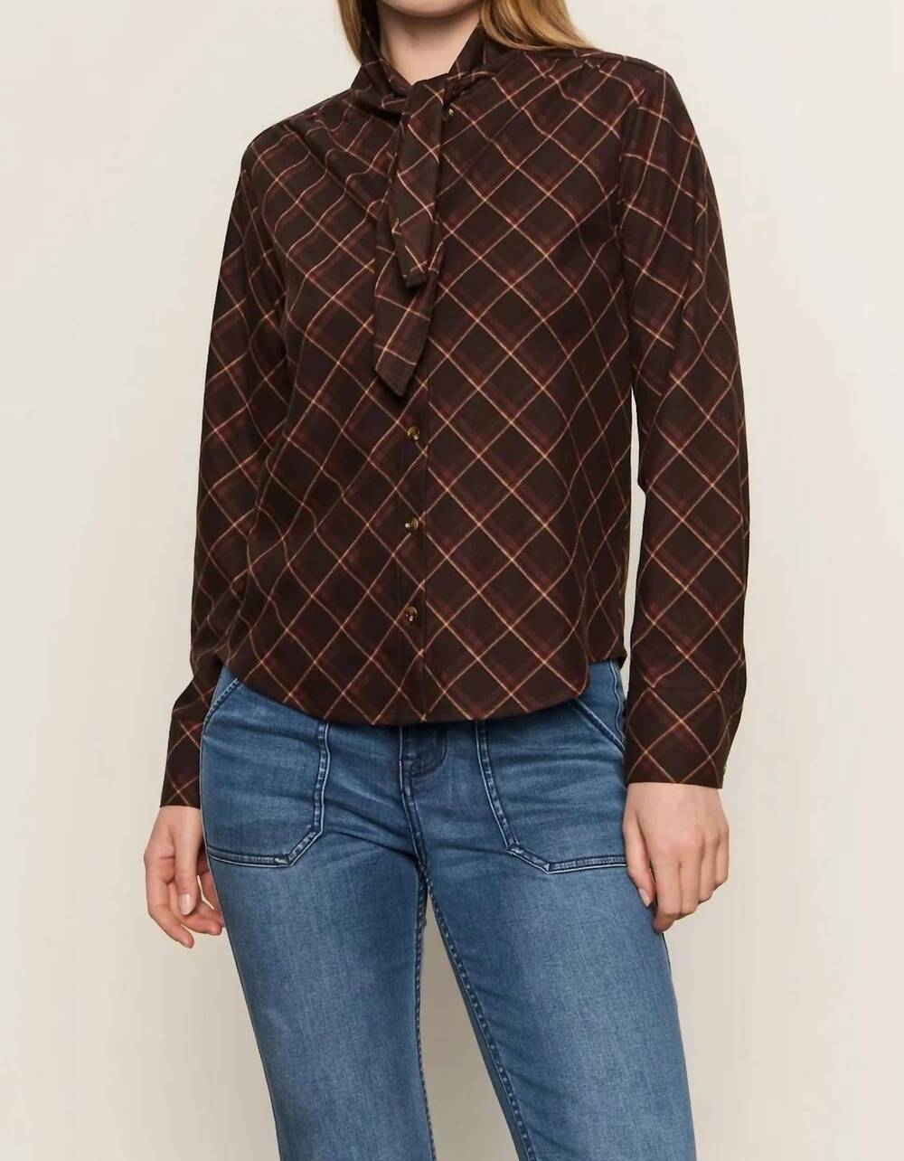 NEW SANCTUARY autumn collared blouse in cocoa plaid